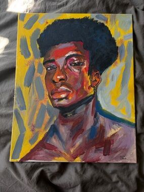 Original Contemporary Portrait Painting - Bold Yellow & Deep Blue Tones
